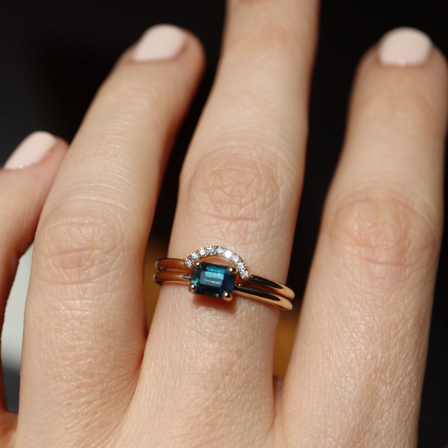 Arch Ring with the Suze Ring, Wedding rings set, 14k yellow gold, deep teal sapphire, 9 stone diamond contour band