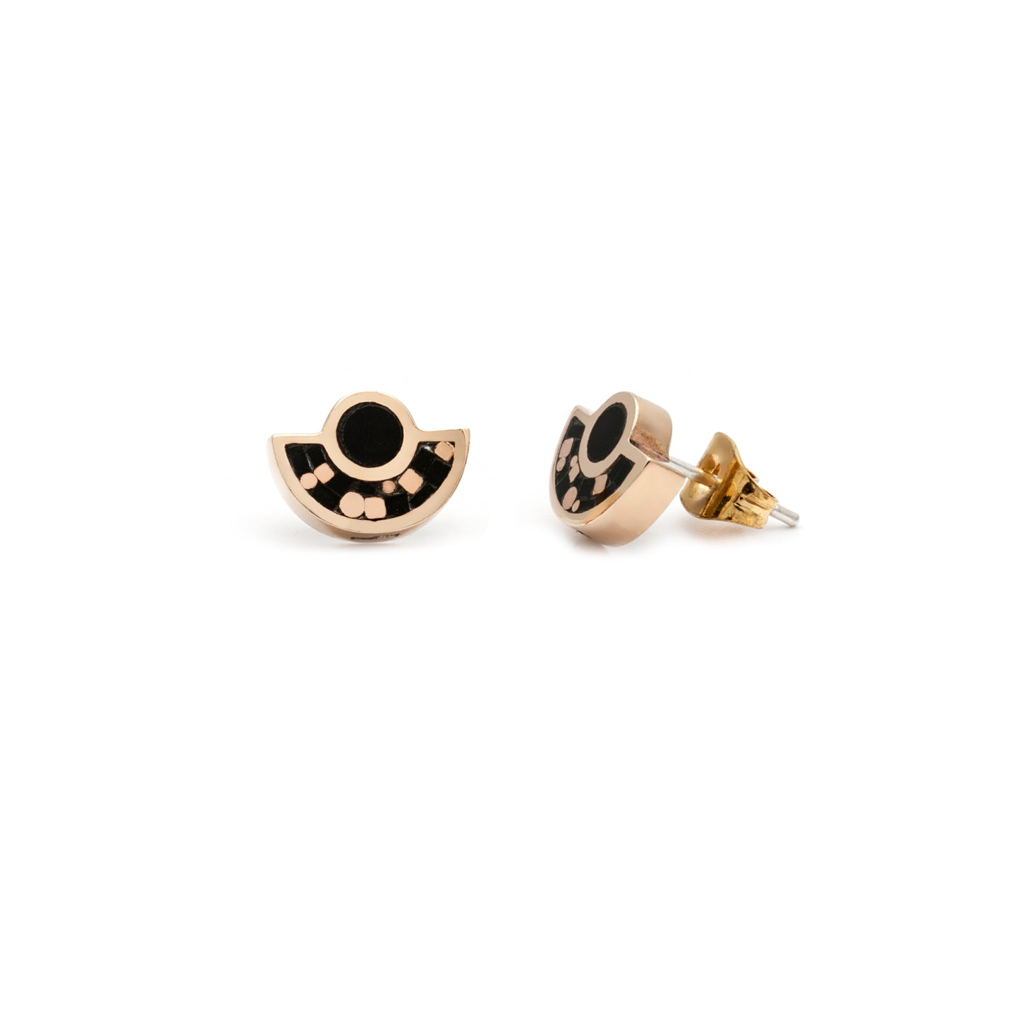 Gold stud earrings 14K yellow gold made by hand in Vancouver Canada geometric modern jewelry, black and gold inlay 